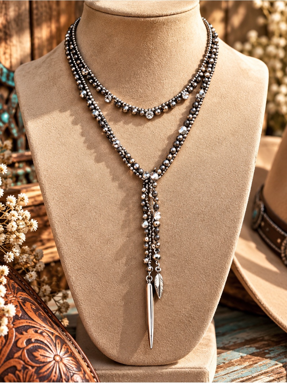 NWT Boho Western Layered Silver Beaded Lariat Statement Coastal Cowgirl Necklace
